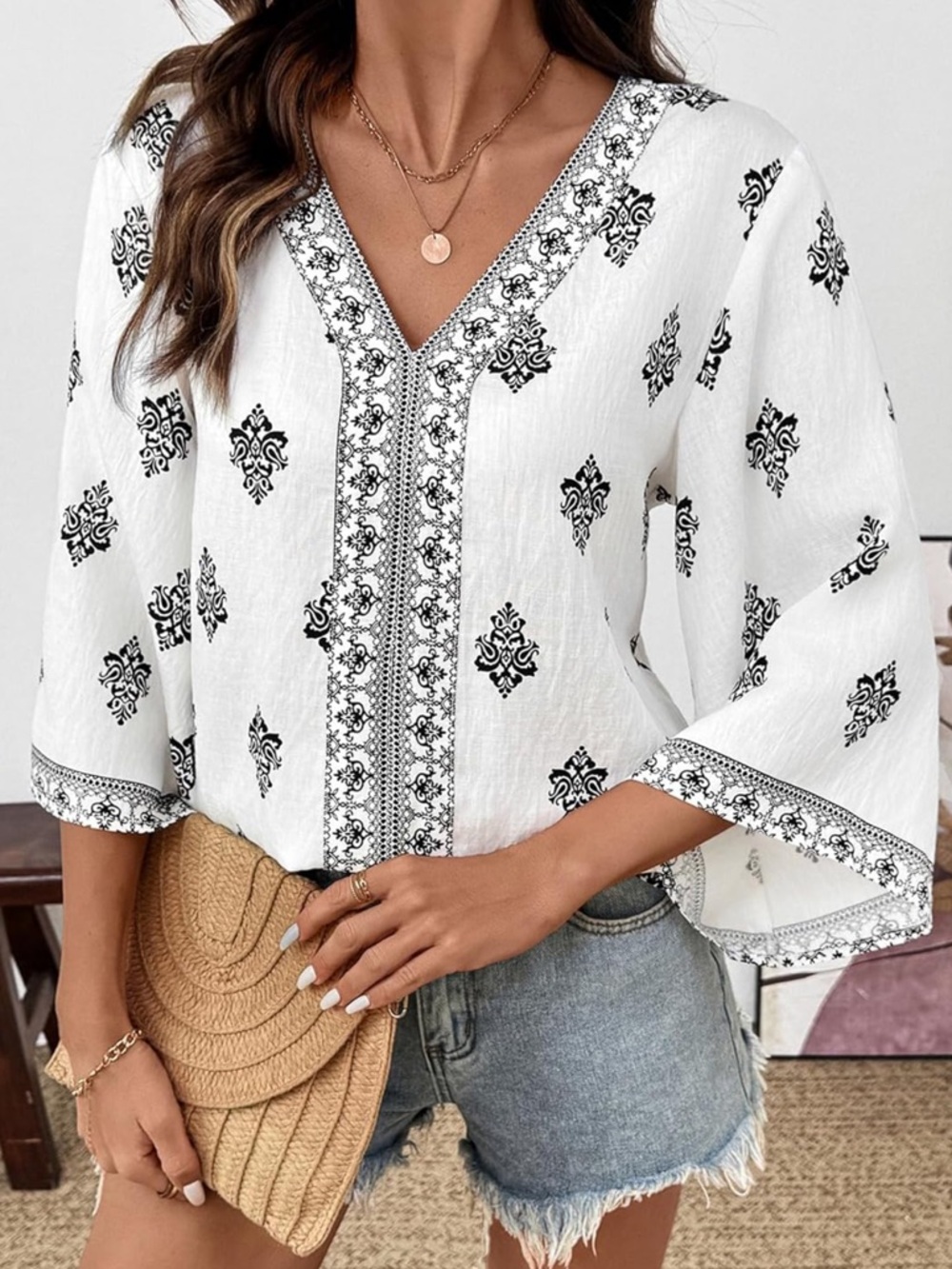 Boho V-Neck 3/4 Sleeve White Blouse